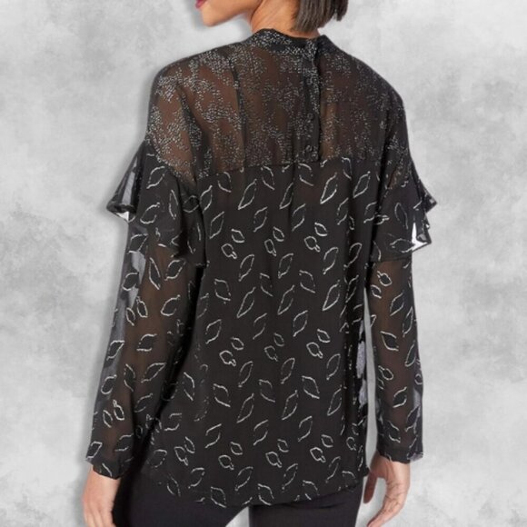 BCBG Sheer Top Blouse Cold Shoulder Metallic Chiffon Leaf Mock Neck Black W XS - Picture 2 of 5